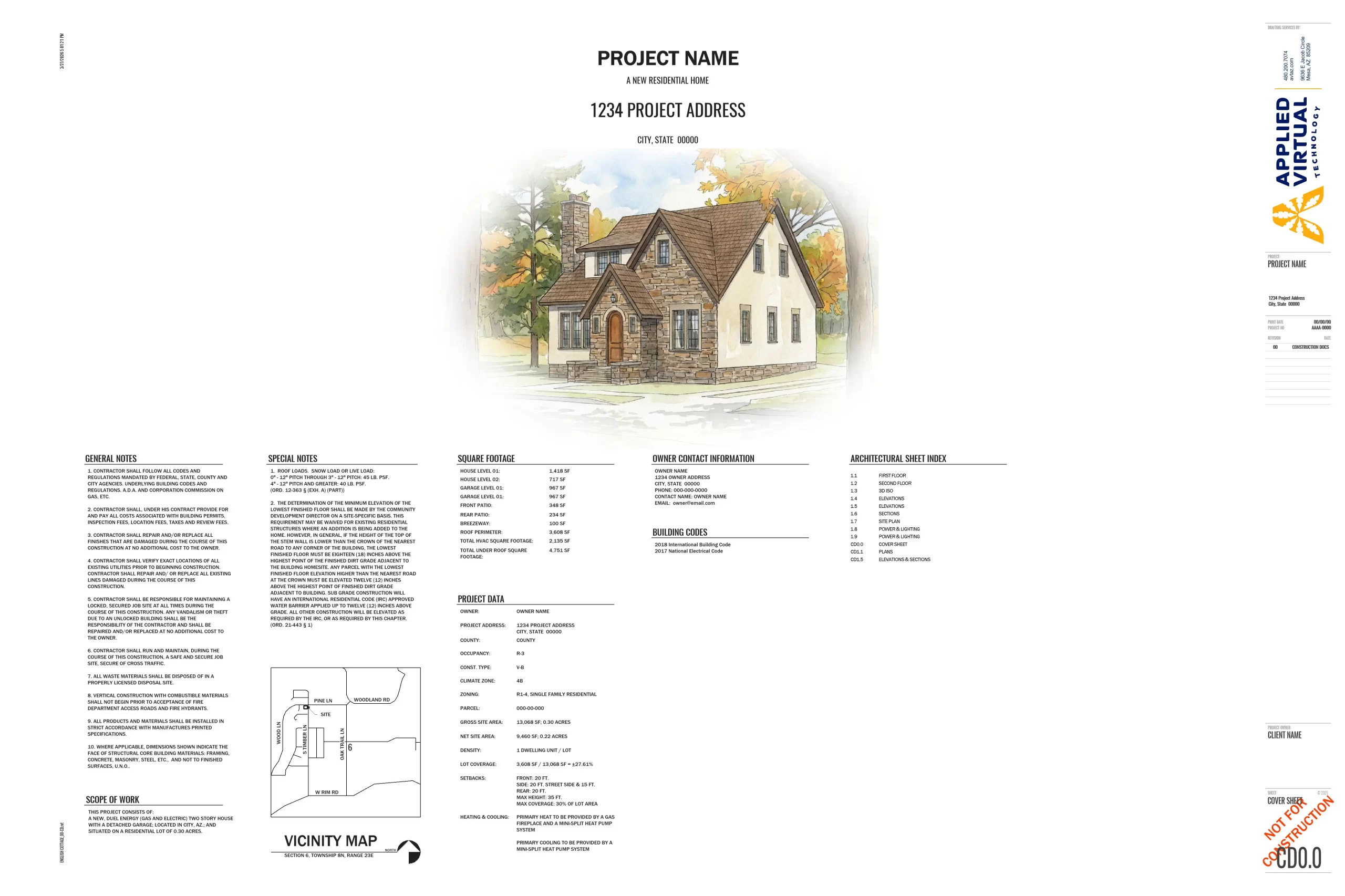 Professional construction document cover sheet for building construction drawings