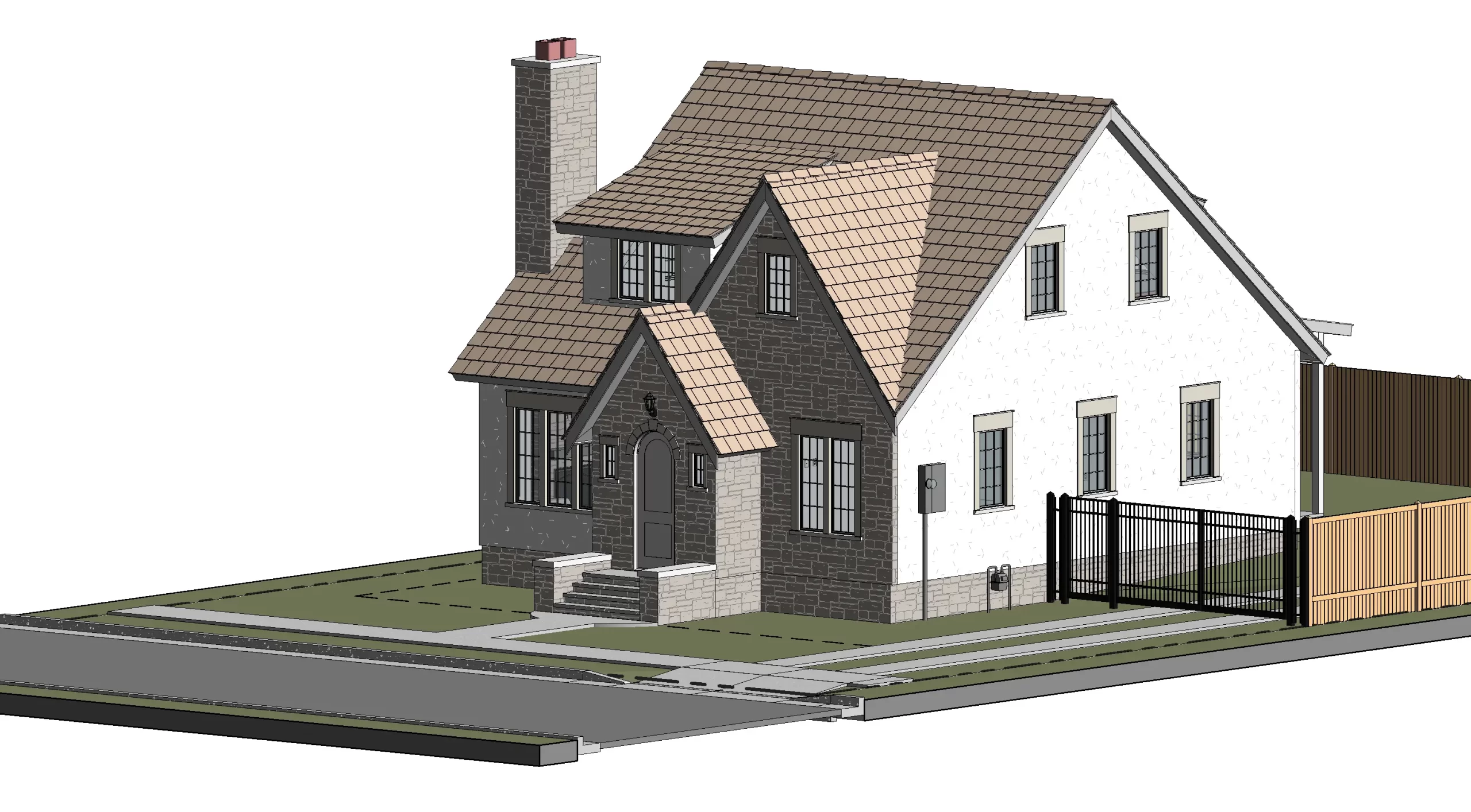 3D architectural model showcasing exterior finishes and materials