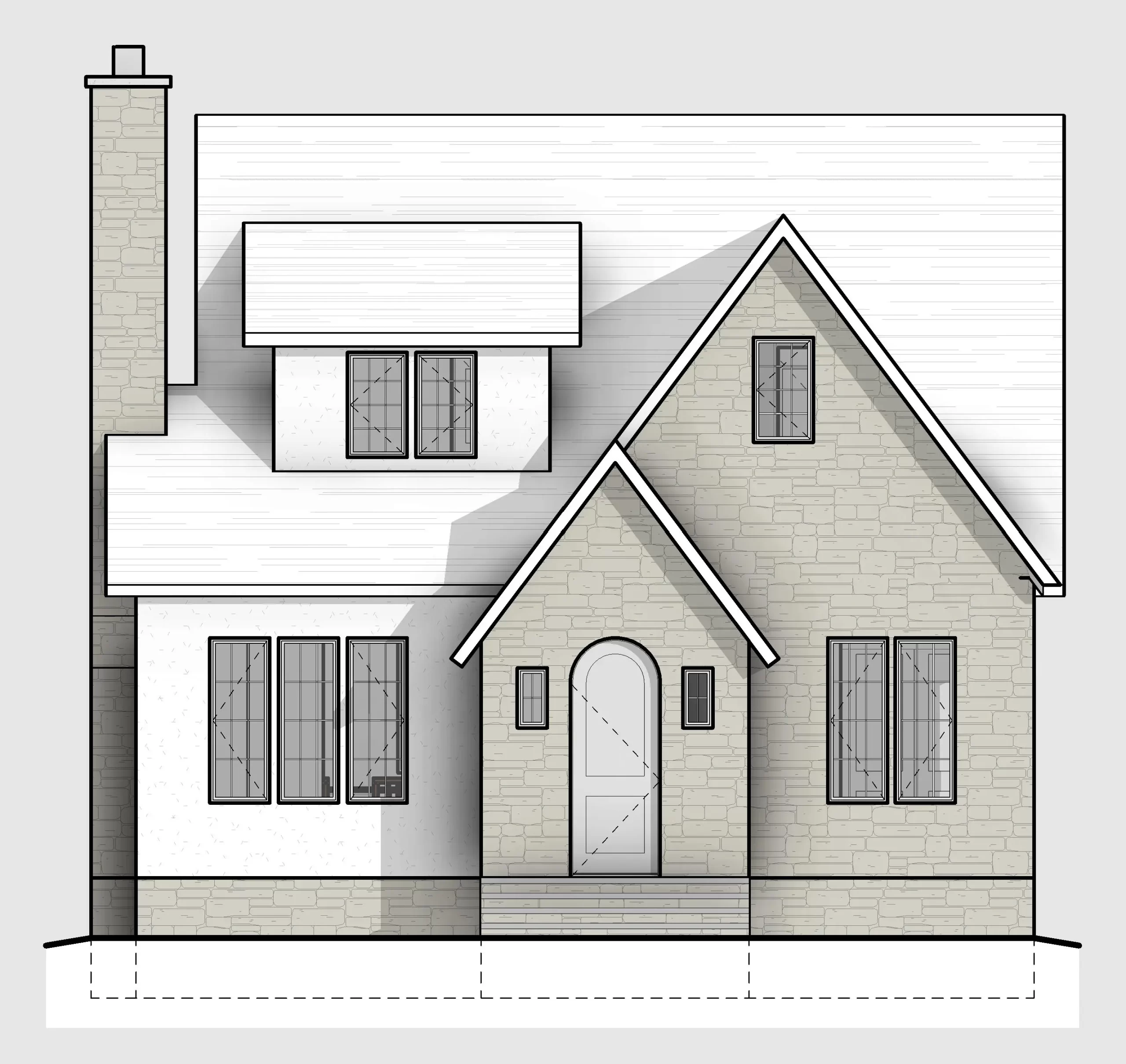 Architectural house elevation showing schematic exterior proportions