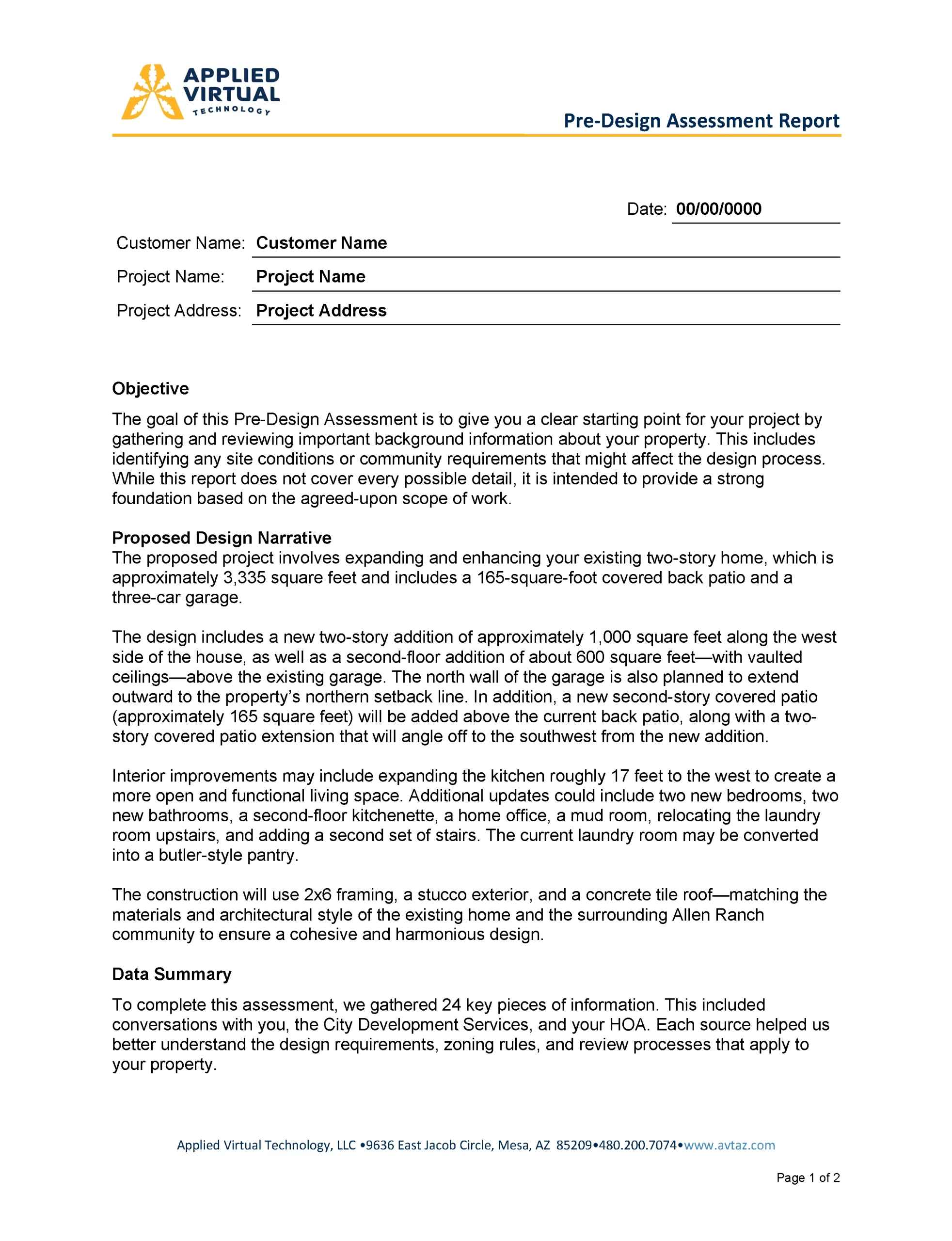 Sample PDF Pre-Design Assessment report for residential construction